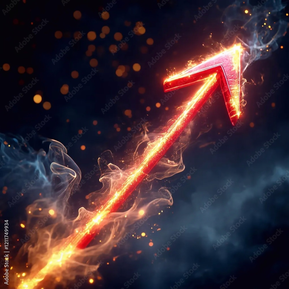 Wall mural digital 3d red arrow pointing up against colorful night sky background symbolizes growth dynamics, i