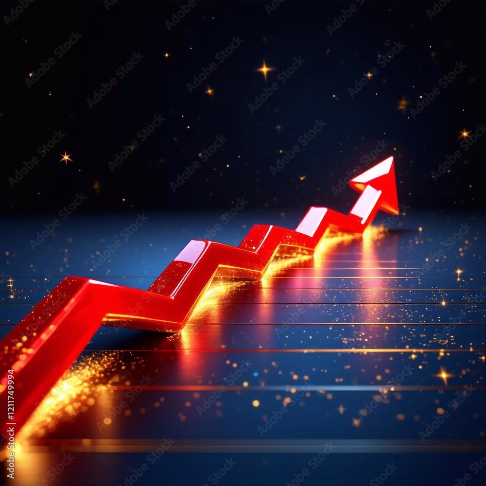 Wall mural digital 3d red arrow pointing up against colorful night sky background symbolizes growth dynamics, i