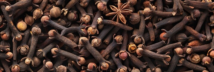 Dry spice cloves texture background, scattered seasoning pattern, dry carnation condiment mockup