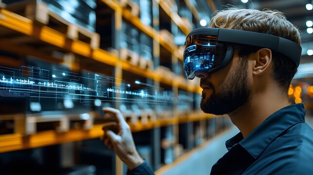 Young Man Using Augmented Reality Glasses in Modern Warehouse Setting