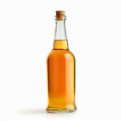 Studio shot of glass beer bottle with cork lid containing amber liquid, isolated on white background