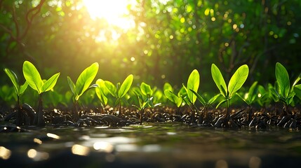 Fresh Green Seedlings in Morning Light by Water Surface in Forest