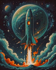 Obraz premium Space rocket launches from alien planet, sci-fi poster.