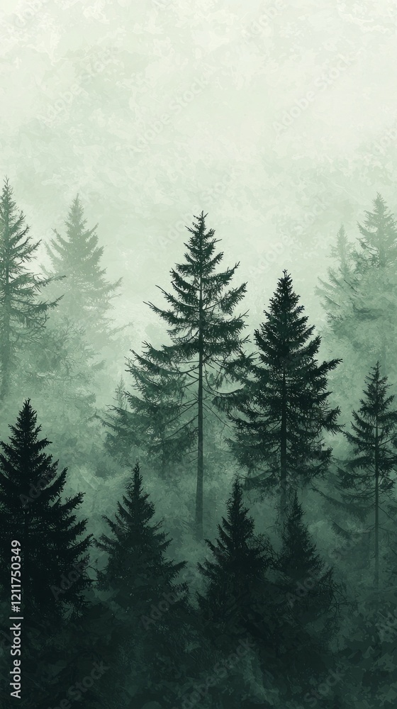 Poster deep greens blend in layers as mist settles gently among the towering trees, evoking a serene and my