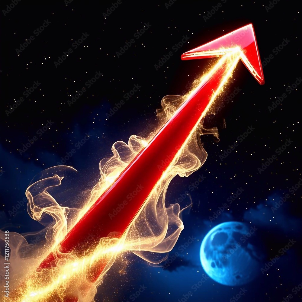 Wall mural digital 3d red arrow pointing up against colorful night sky background symbolizes growth dynamics, i