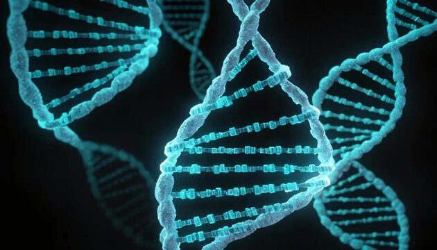 Close-up of DNA Helix Intertwined with Digital Binary Code