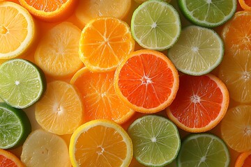 Fototapeta premium Vibrant citrus slices create a colorful fruit background. lemon and orange pattern