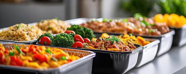 Meals delivery idea. A colorful display of various delicious prepared meals in trays.
