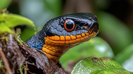 Obraz premium Black-orange snake rainforest close-up, foliage background