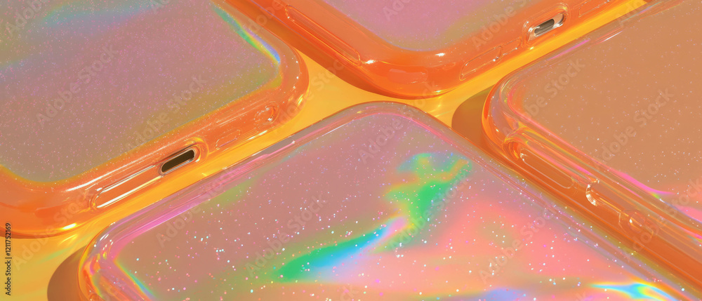 Aufkleber Translucent phone cases with colorful textures and glitter effects on a smooth surface