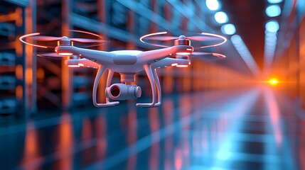 Drone Flying in Modern Industrial Warehouse with Colorful Lights