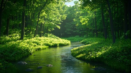 Obraz premium Lush Green Forest with Serene Stream Flowing Through Nature Scene