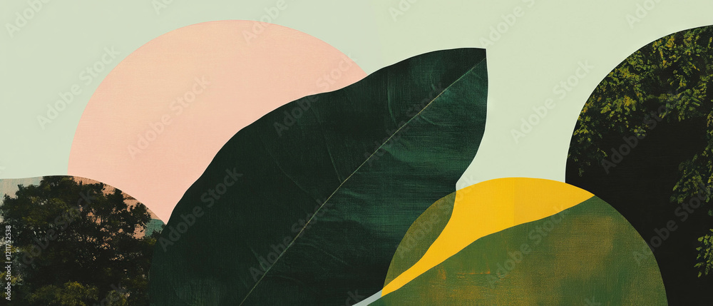 Poster textures of trees and simple shapes in green and brown hues create a serene landscape