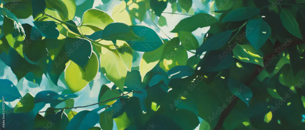 Poster captivating texture of verdant foliage illuminated by gentle dappled sunlight in a lush environment
