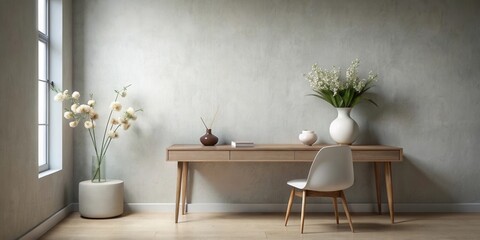 Serene Minimalist Home Office Workspace with Natural Light and Elegant Floral Arrangements
