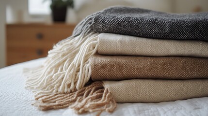 Cozy Stack of Knitted Blankets with Fringes