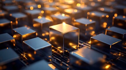 Obraz premium Abstract Digital Background with Metallic Cubes and Glowing Light