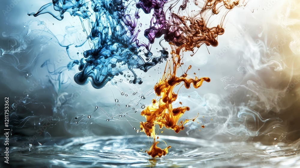 Fototapete Dynamic ink droplets merging in water abstract imagery colorful display soft shadows artistic perspective
