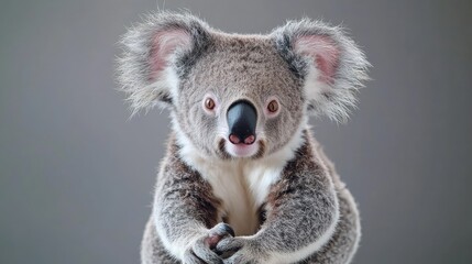 Naklejka premium Cute koala looking directly at the camera against a neutral grey background in a studio portrait.
