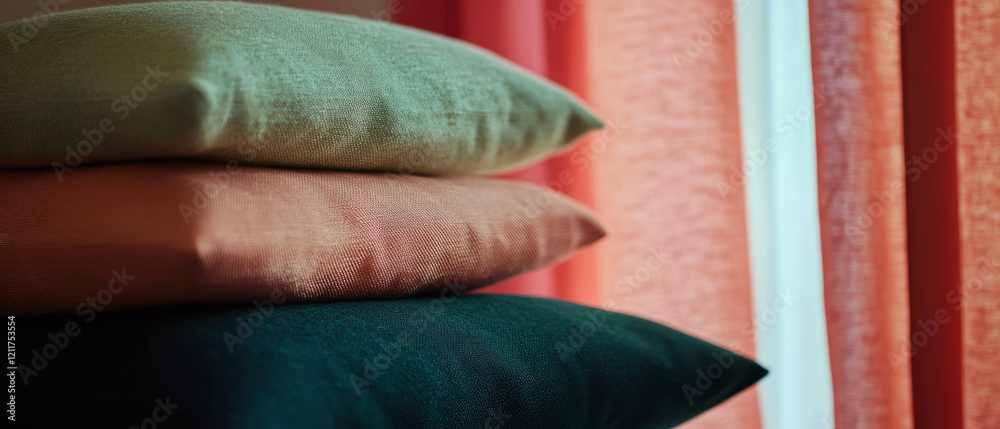Poster soft washed silk cushions stacked against colorful curtains with a matte finish