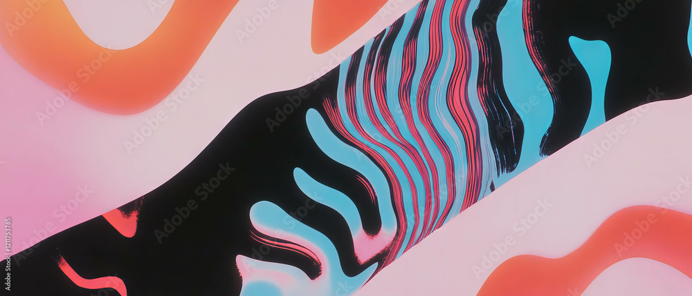 Poster Wavy lines and geometric shapes create a vibrant composition with contrasting colors
