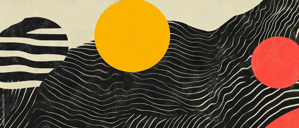 Poster wavy lines and geometric shapes create a vibrant contrast in bold colors and textures