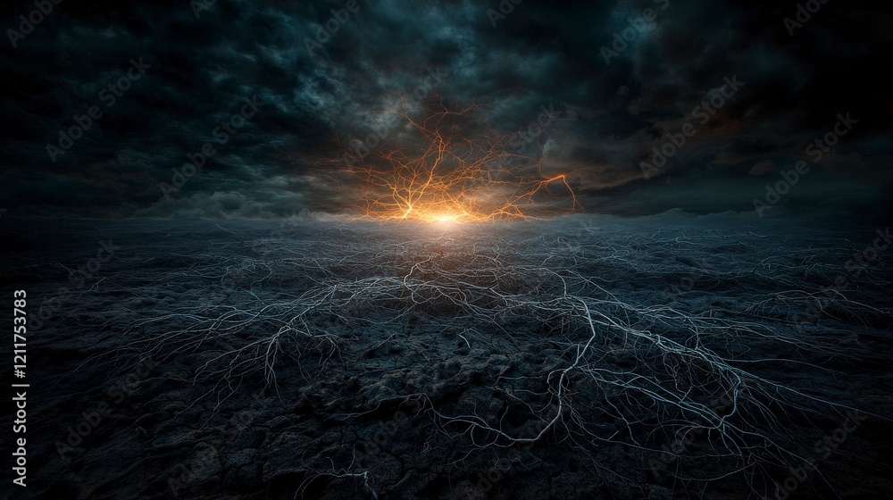 Aufkleber Pulsating abstract nerve-like patterns with lightning effects over the horizon at dusk digital art atmospheric environment
