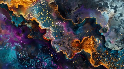 Abstract Cosmic Nebula Swirling Colors Gold Glitter