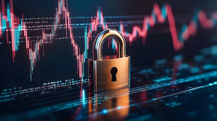 Digital security concept with padlock on stock market background