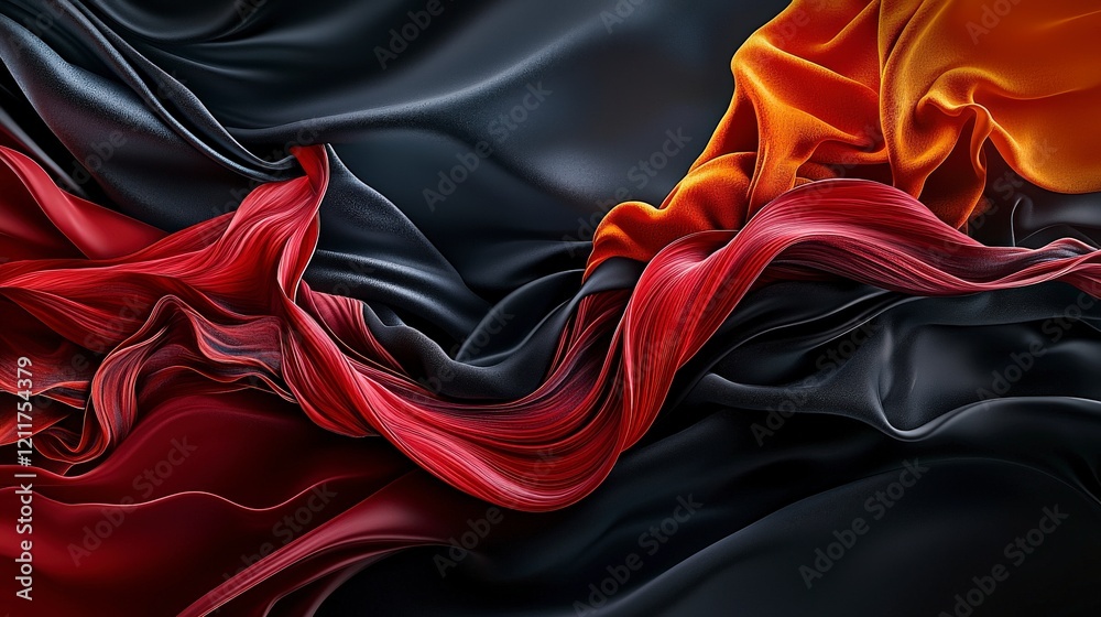 Aufkleber Dynamic waves of red and black fabric flowing through reality abstract art studio close-up conceptual design