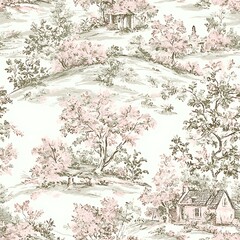Vintage pastoral scenic toile pattern featuring charming cottages and pink flowering trees