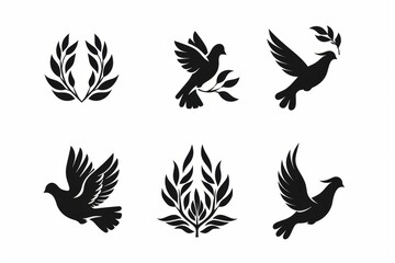 Peace dove graffiti, pigeons, twigs ink illustration. Flying birds silhouettes monochrome flat icons