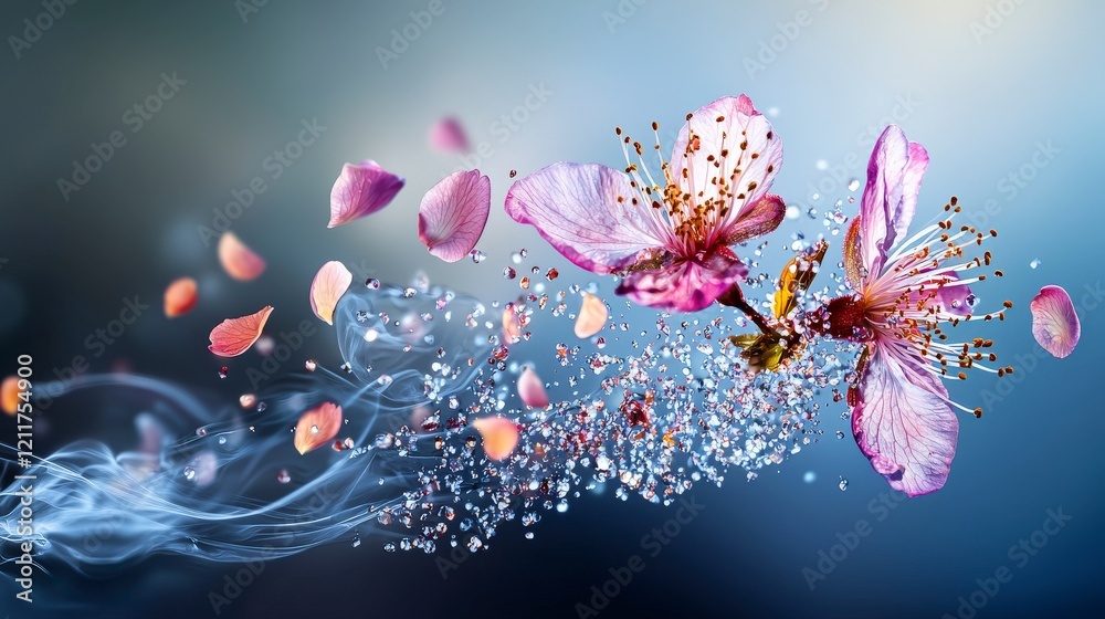 Poster Delicate flowerlike shapes disintegrating midair nature visual art ethereal environment close-up view beauty concept
