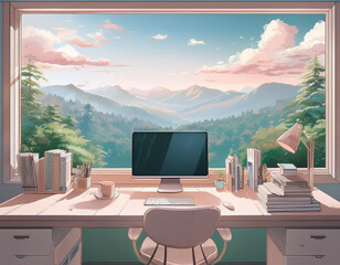 Fototapeta premium Dreamy Office with Nature Backdrop, style anime