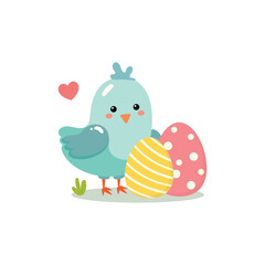 Blue cute baby chicken with easter eggs