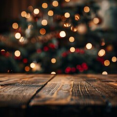 Wood Table on Blurred Christmas Tree Background, Festive Mockup, Dark Wood Table Top, Generative AI Illustration
