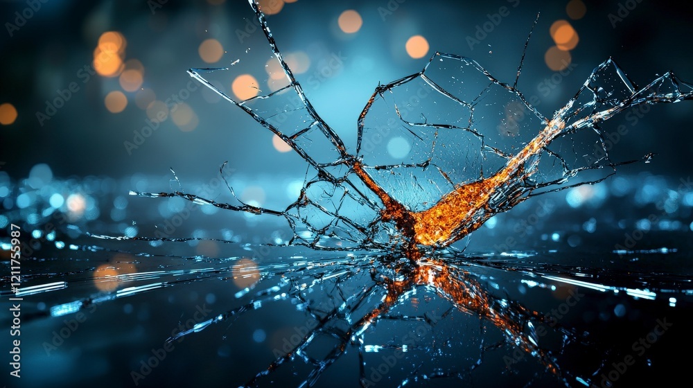Poster dynamic cracks spreading across reflective glass surface studio action shot bright environment close