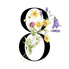 Number 8 with watercolor flowers and leaves. Perfectly for wedding, birthday, bridal, baby shower, anniversary invitation, greeting card, poster. Hand drawing. Isolated on white background.