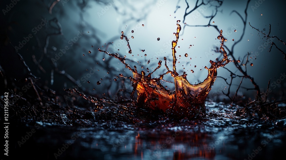Aufkleber Dynamic liquid splashes merging with shadows in a darkened environment abstract art high-contrast photography
