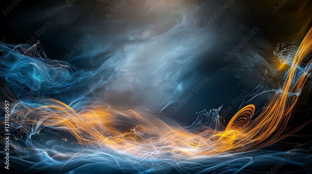 Poster dynamic wavering streaks of light stretching across a dark canvas abstract art digital illustration 