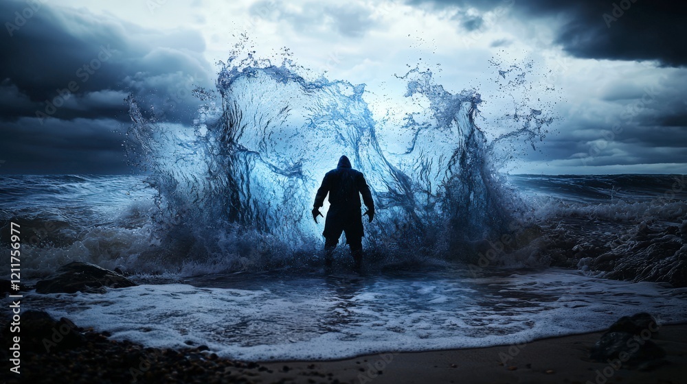 Poster dynamic waves merging with fading human forms ocean shoreline art photography dramatic atmosphere ar