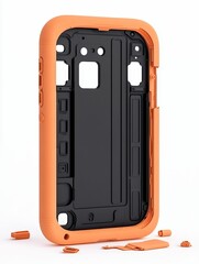 Obraz premium Detailed view of orange phone case highlighting innovative design and protective features with surrounding components