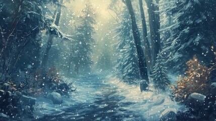 A serene winter scene of a snow-covered forest path with gentle snowfall and illuminated trees