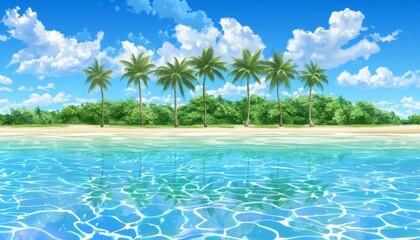 Obraz premium A serene tropical beach scene with palm trees, white sand, and crystal-clear blue water.