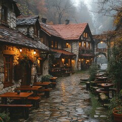 Fototapeta premium Charming stone cottage village misty mountains scenic photography tranquil environment eye-level view rustic serenity