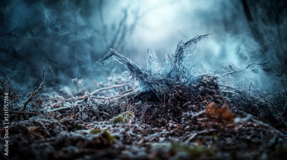 Aufkleber Ethereal shattered forms dissolving into mist enchanted forest nature photography dreamlike atmosphere close-up abstraction