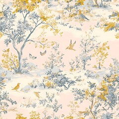 Enchanting Forest Scene with Birds and Butterflies in a Classic Toile Style