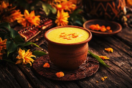 Traditional Indian mahua drink with vibrant flowers and pottery in a rustic setting
