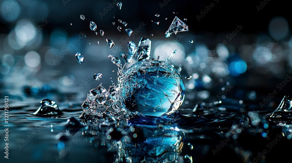 Poster ethereal vibrations macro photography of shattering glass sphere on water surface in an abstract env