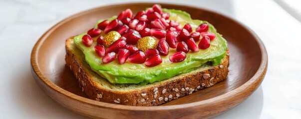 Plant based food concept. Delicious avocado toast topped with pomegranate seeds on a wooden plate.